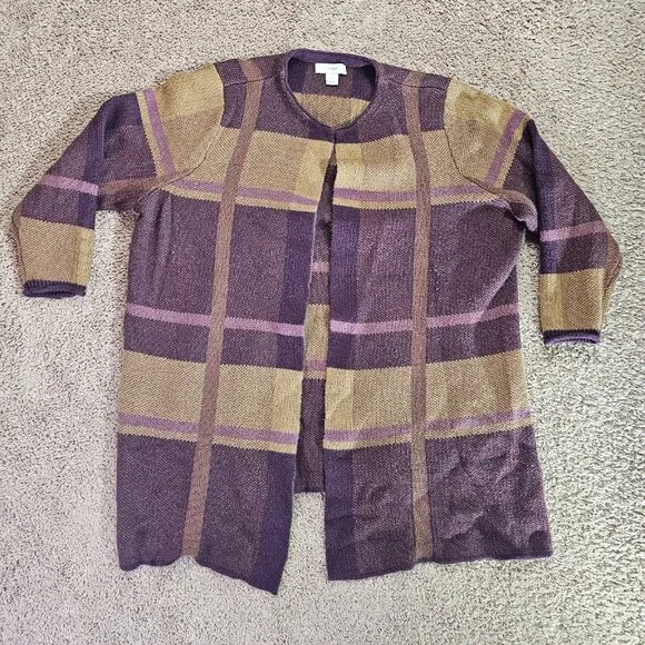 CJ Banks Long Open Front Cardigan Sweater Womens 2X Plaid Purple Tan Knit - Picture 1 of 14